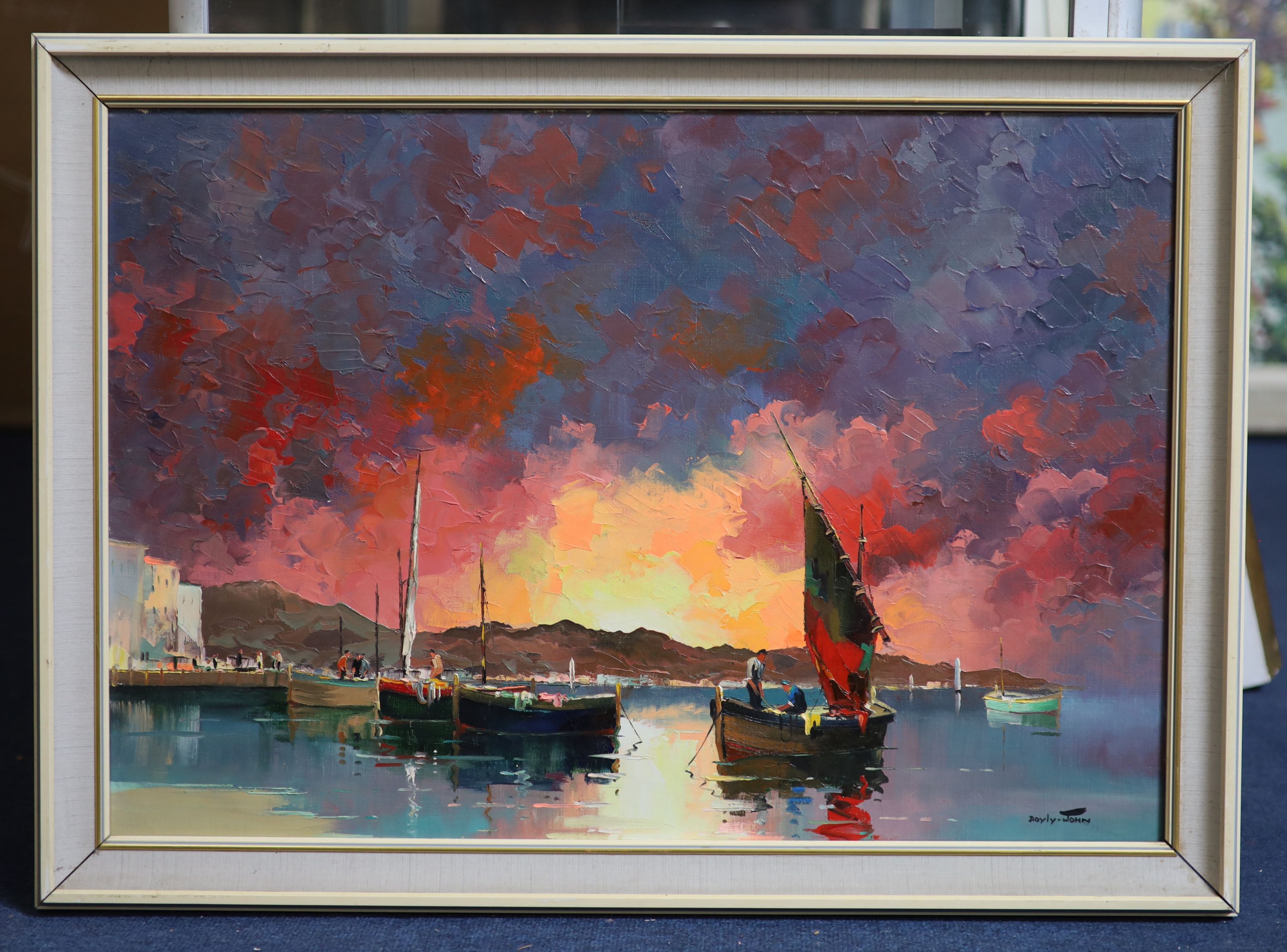 Cecil Rochfort D'Oyly John (1906-1993), Fishing boats in harbour at sunset, oil on canvas, 44.5 x 65cm